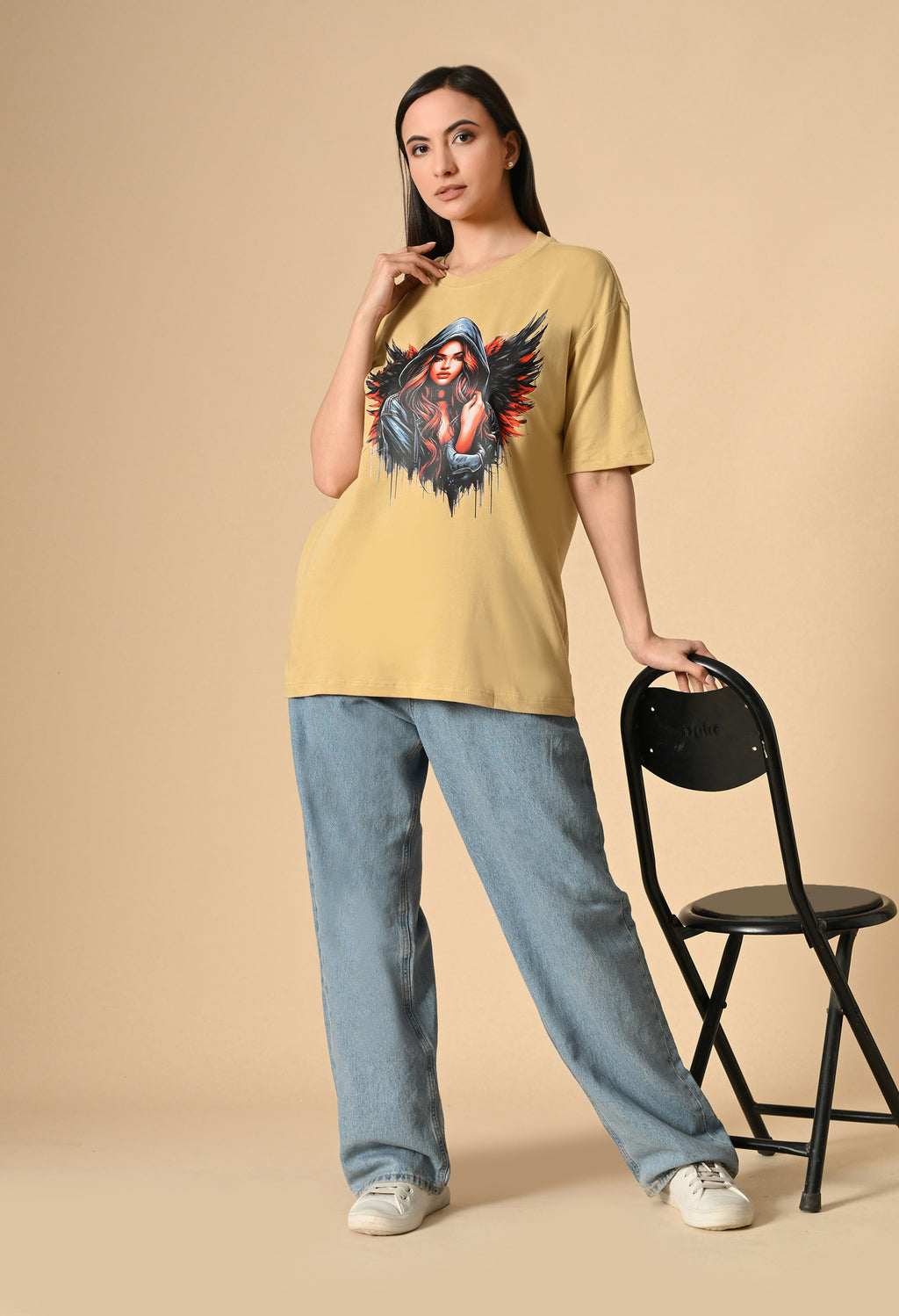 Devil With Wing Premium Oversized Tee for Girls – Trendy Streetwear Essential