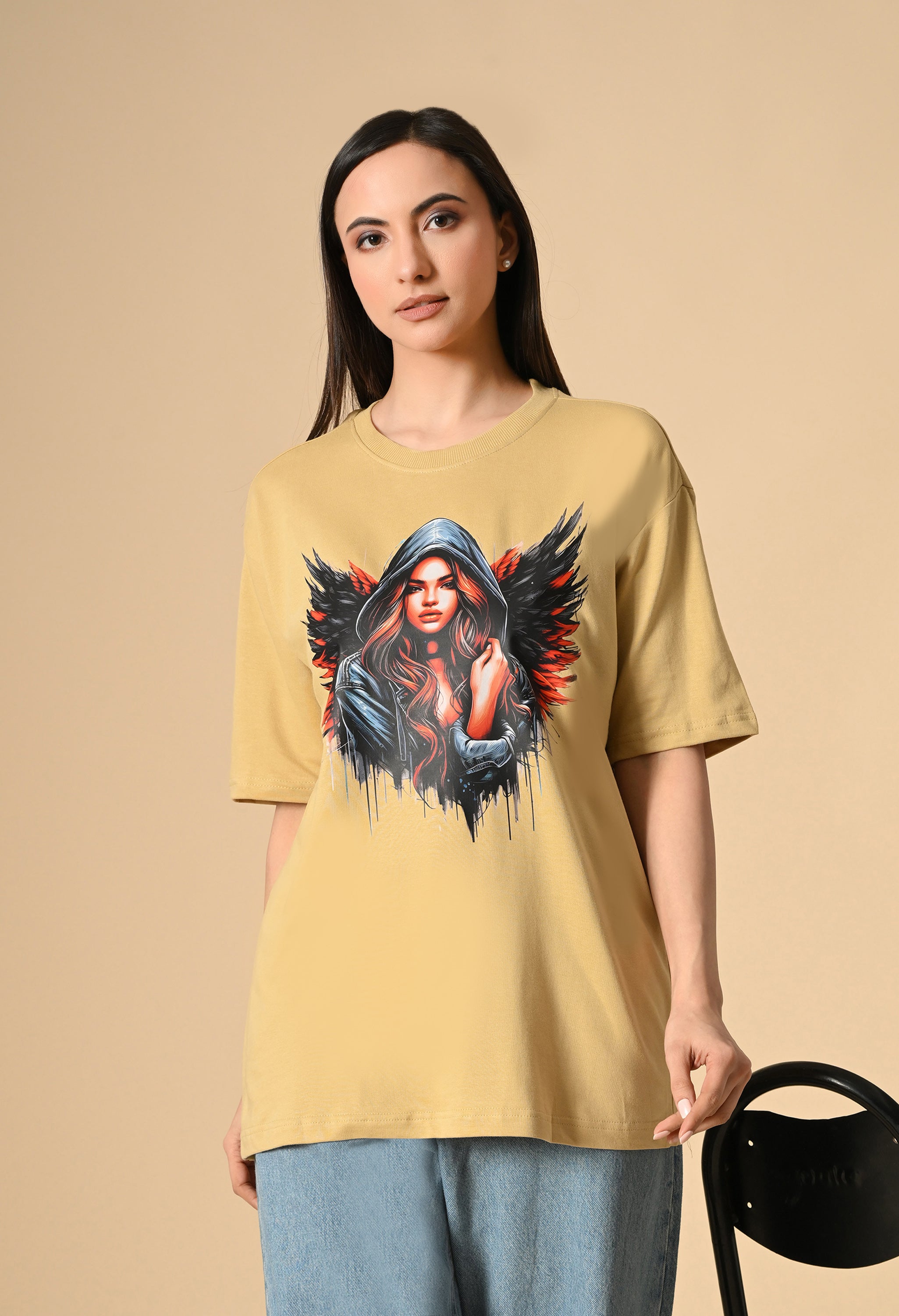 Devil With Wing Premium Oversized Tee for Girls – Trendy Streetwear Essential