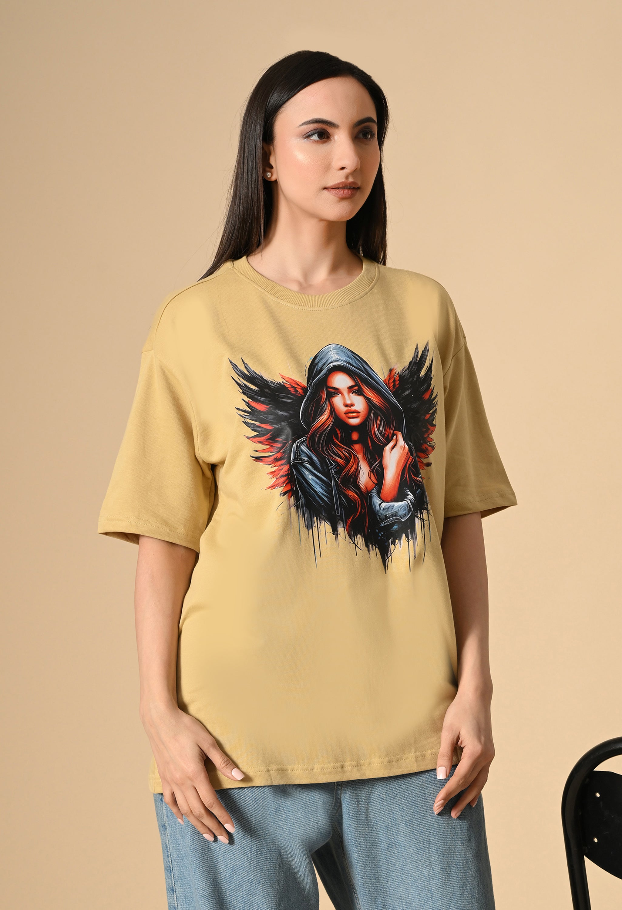 Devil With Wing Premium Oversized Tee for Girls – Trendy Streetwear Essential