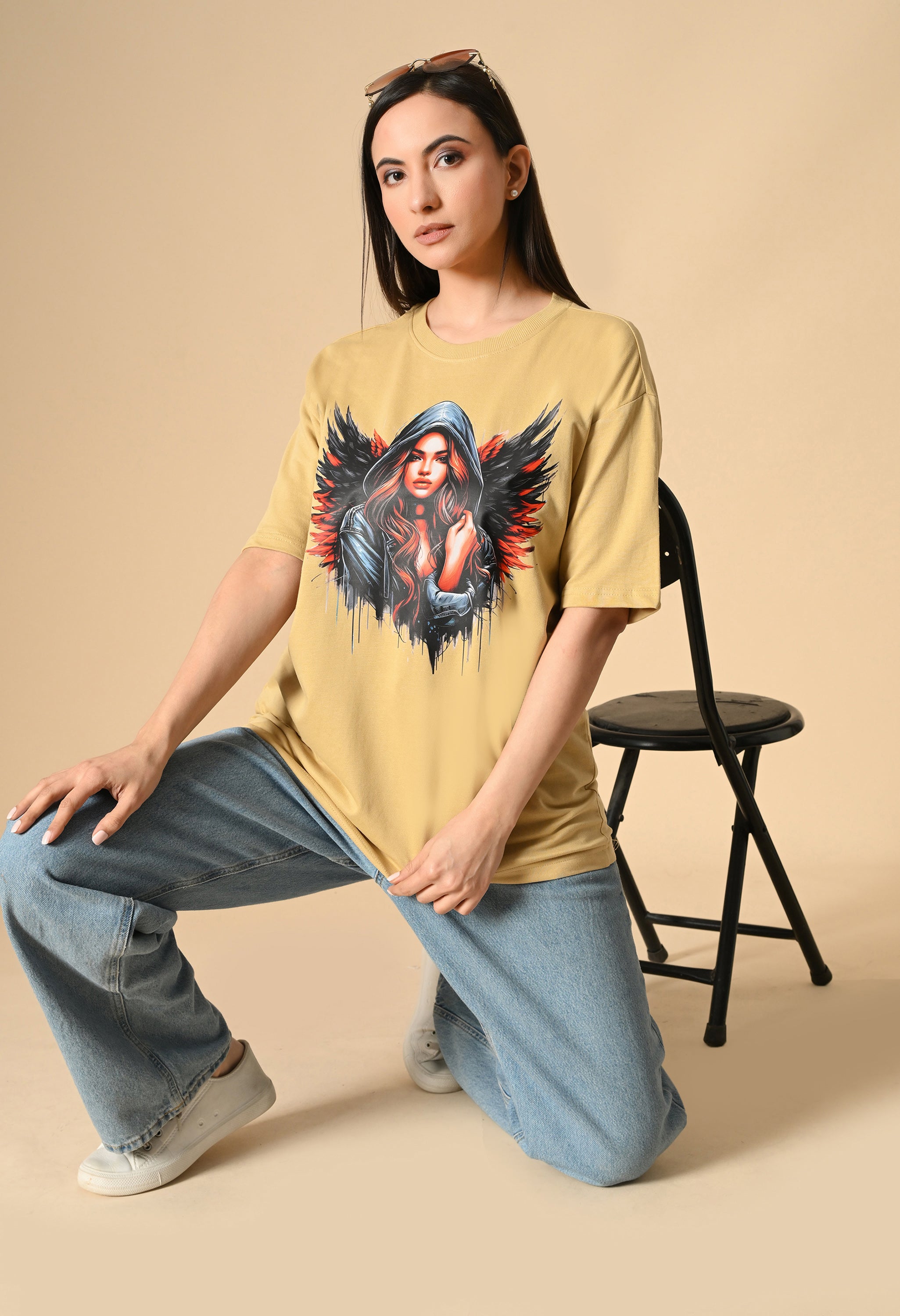 Devil With Wing Premium Oversized Tee for Girls – Trendy Streetwear Essential