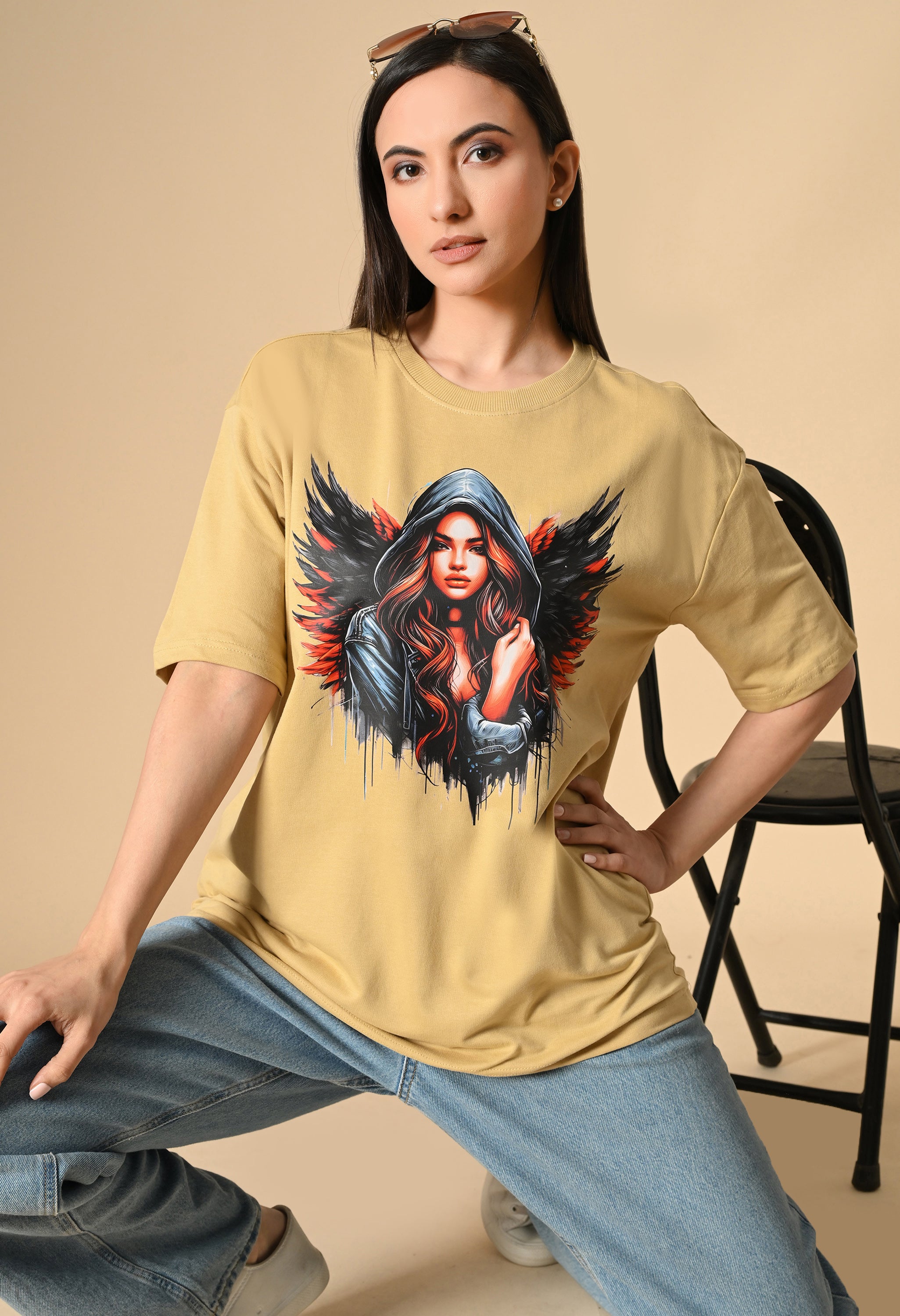 Devil With Wing Premium Oversized Tee for Girls – Trendy Streetwear Essential