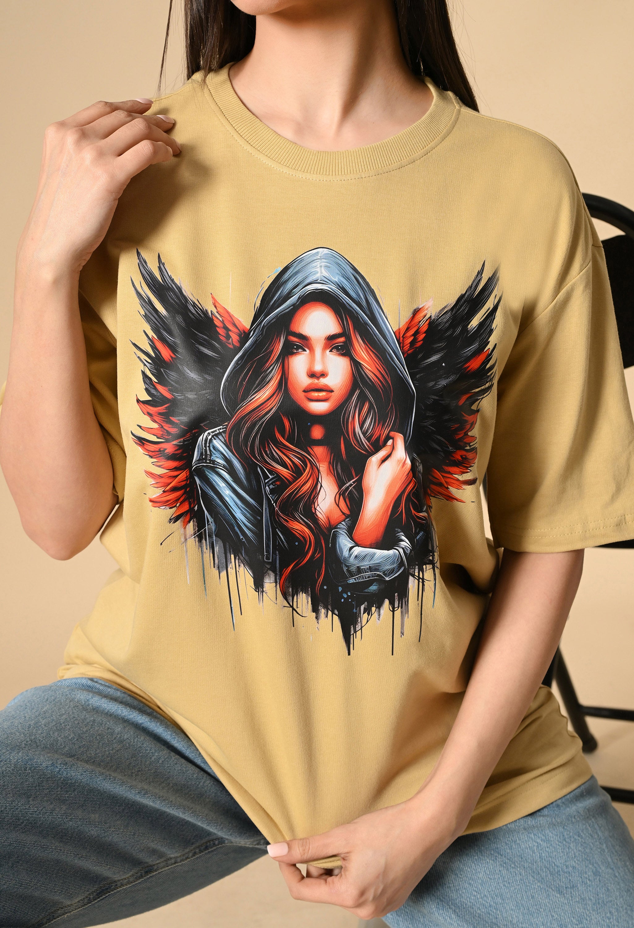 Devil With Wing Premium Oversized Tee for Girls – Trendy Streetwear Essential