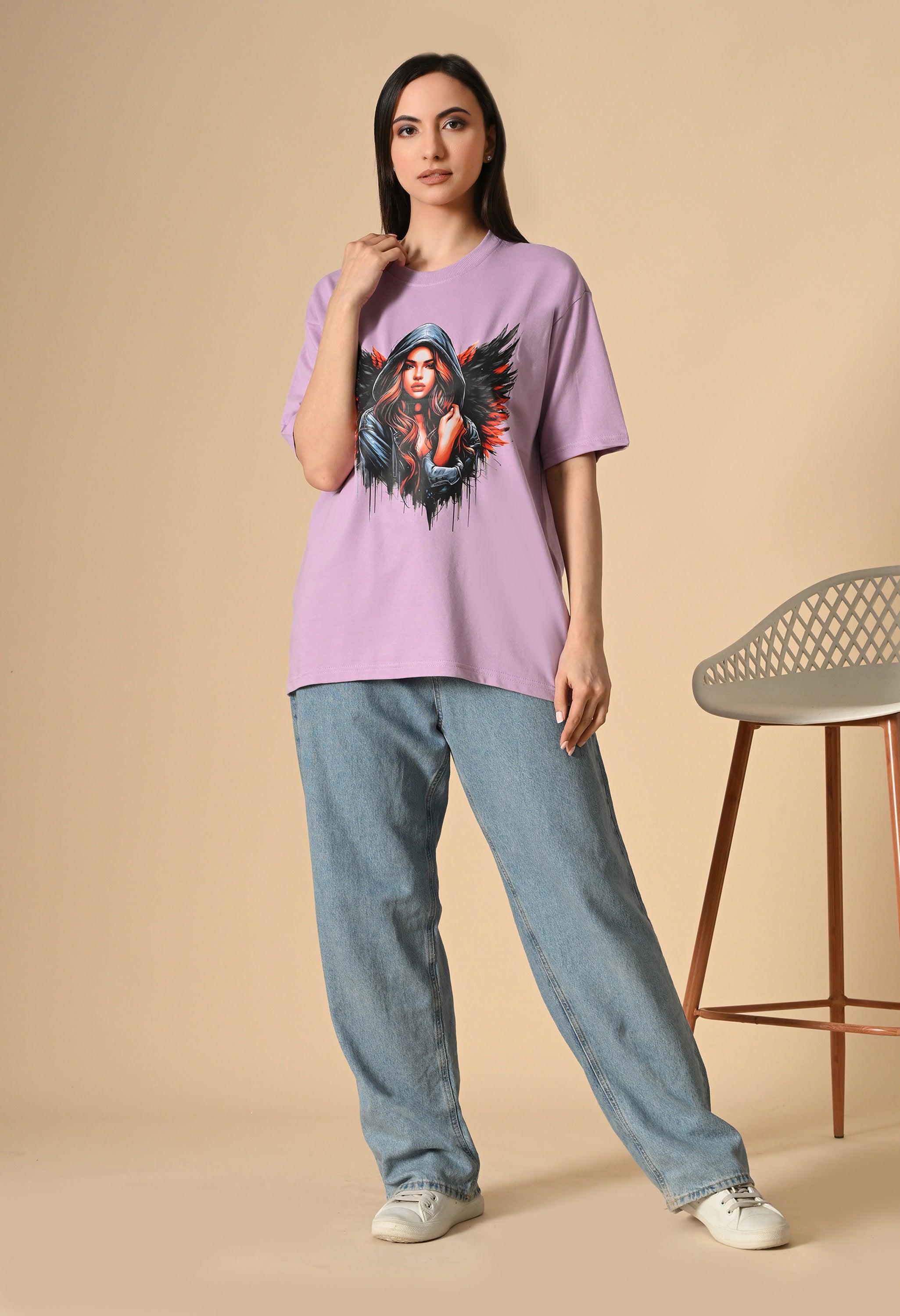 Devil With Wing Premium Oversized Tee for Girls – Trendy Streetwear Essential