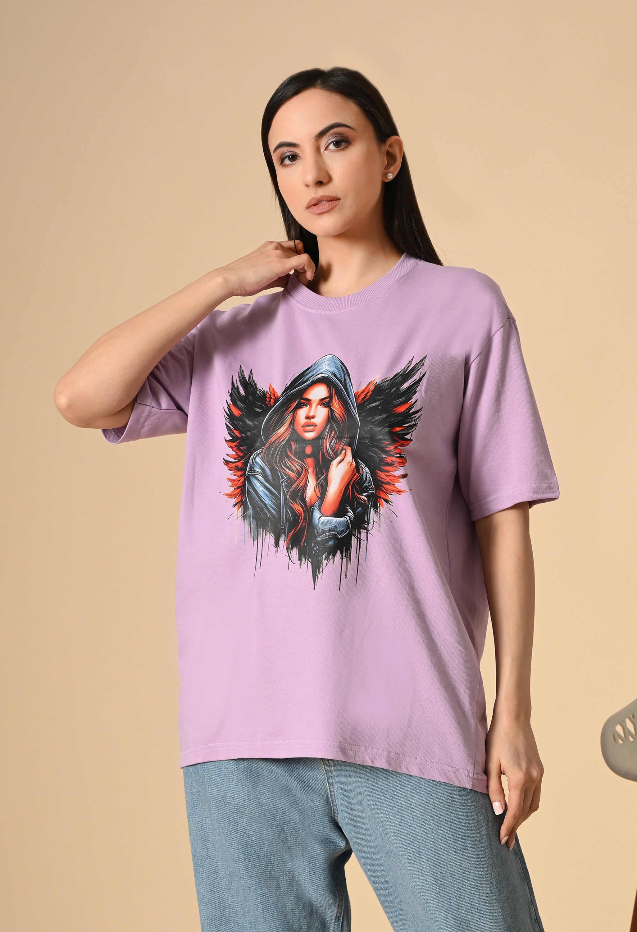 Devil With Wing Premium Oversized Tee for Girls – Trendy Streetwear Essential