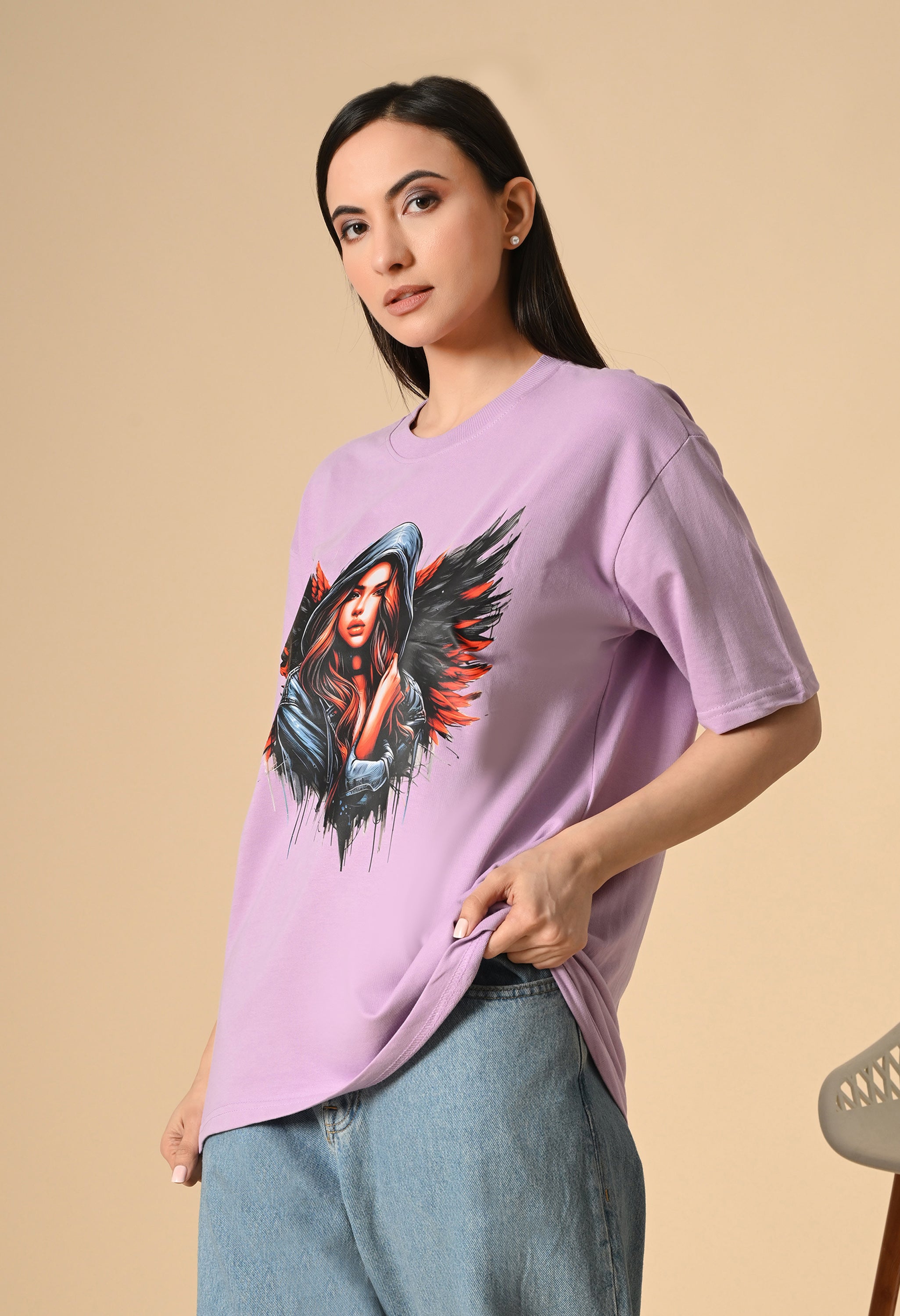 Devil With Wing Premium Oversized Tee for Girls – Trendy Streetwear Essential