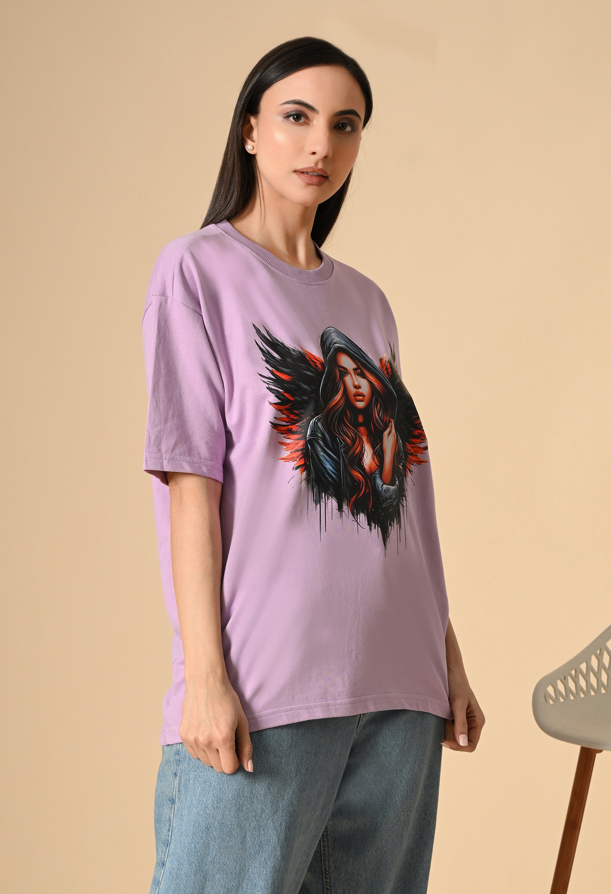 Devil With Wing Premium Oversized Tee for Girls – Trendy Streetwear Essential