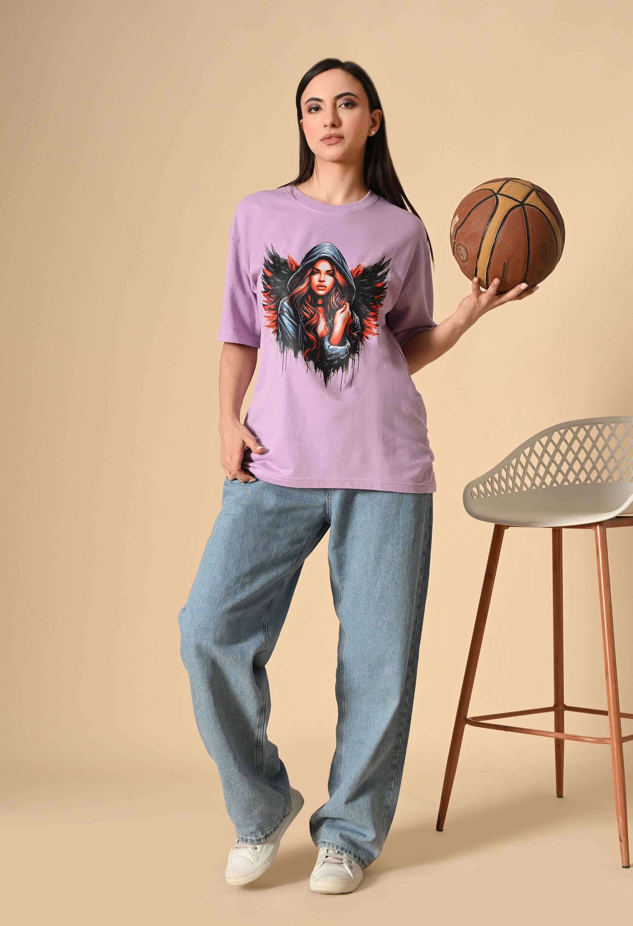 Devil With Wing Premium Oversized Tee for Girls – Trendy Streetwear Essential