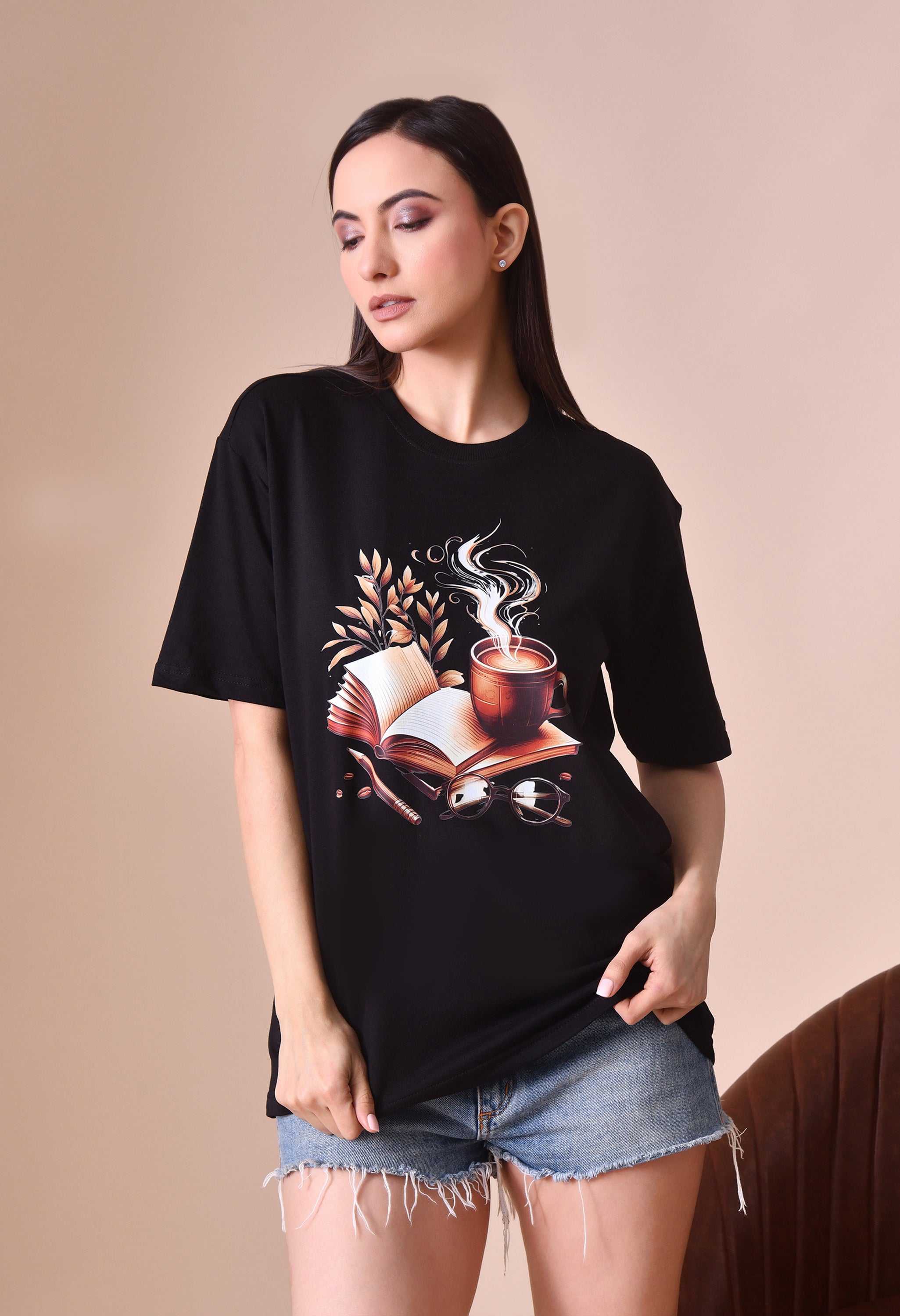 Coffee Book Premium Oversized Tee – Trendy Comfort Fit for Women