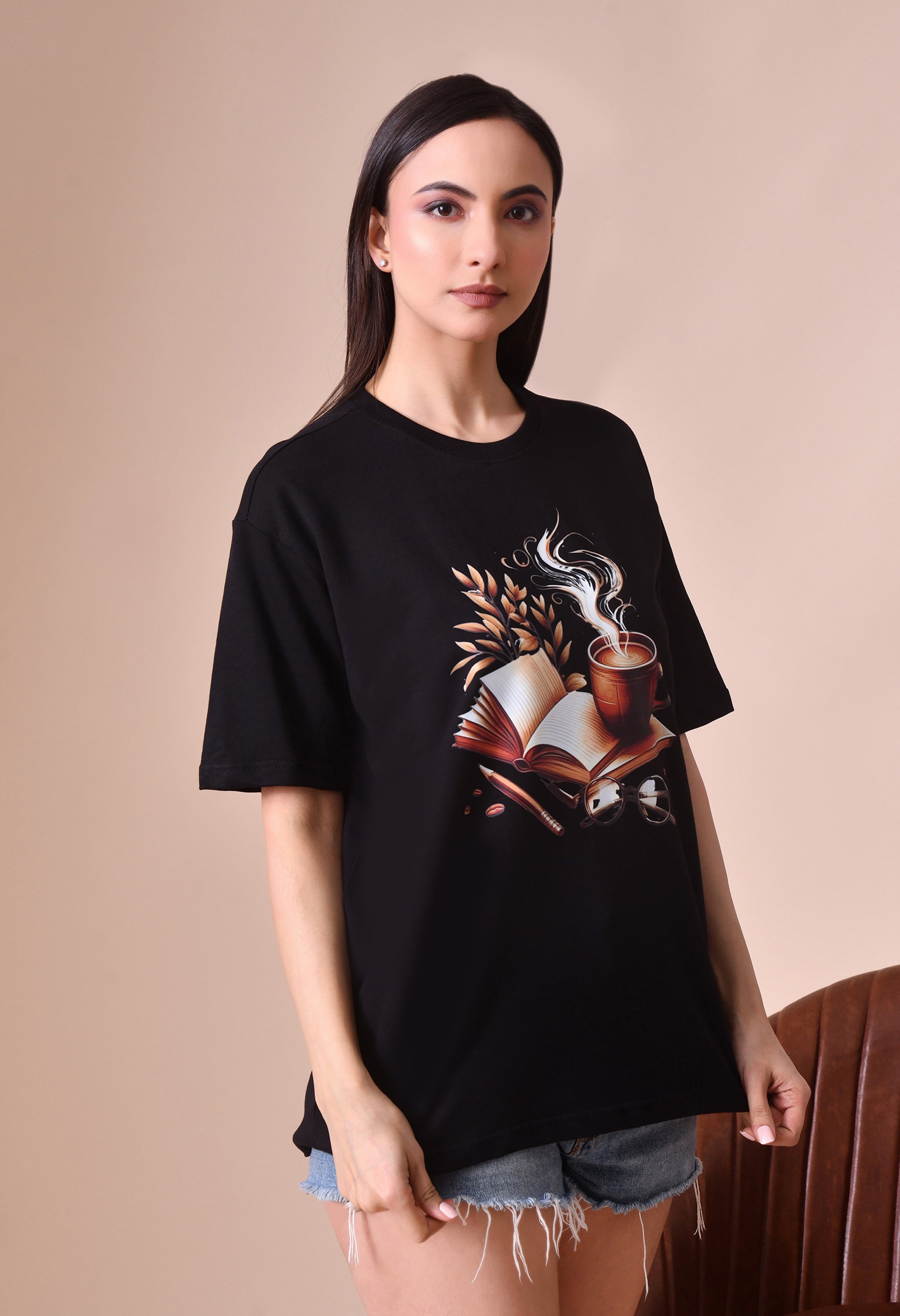 Coffee Book Premium Oversized Tee – Trendy Comfort Fit for Women