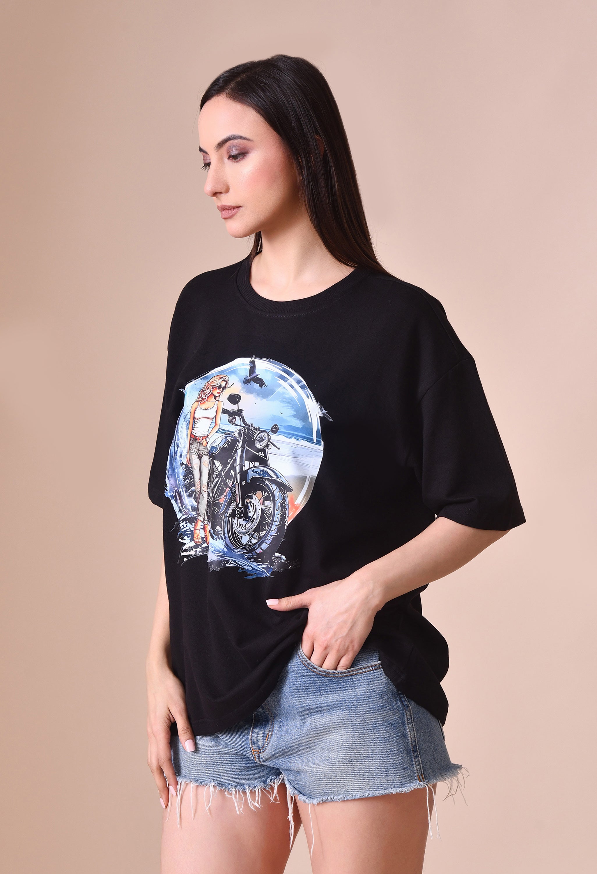 Biker Girl Premium Oversized T-Shirt for Women – Bold Street Style Comfort Fit Tee
