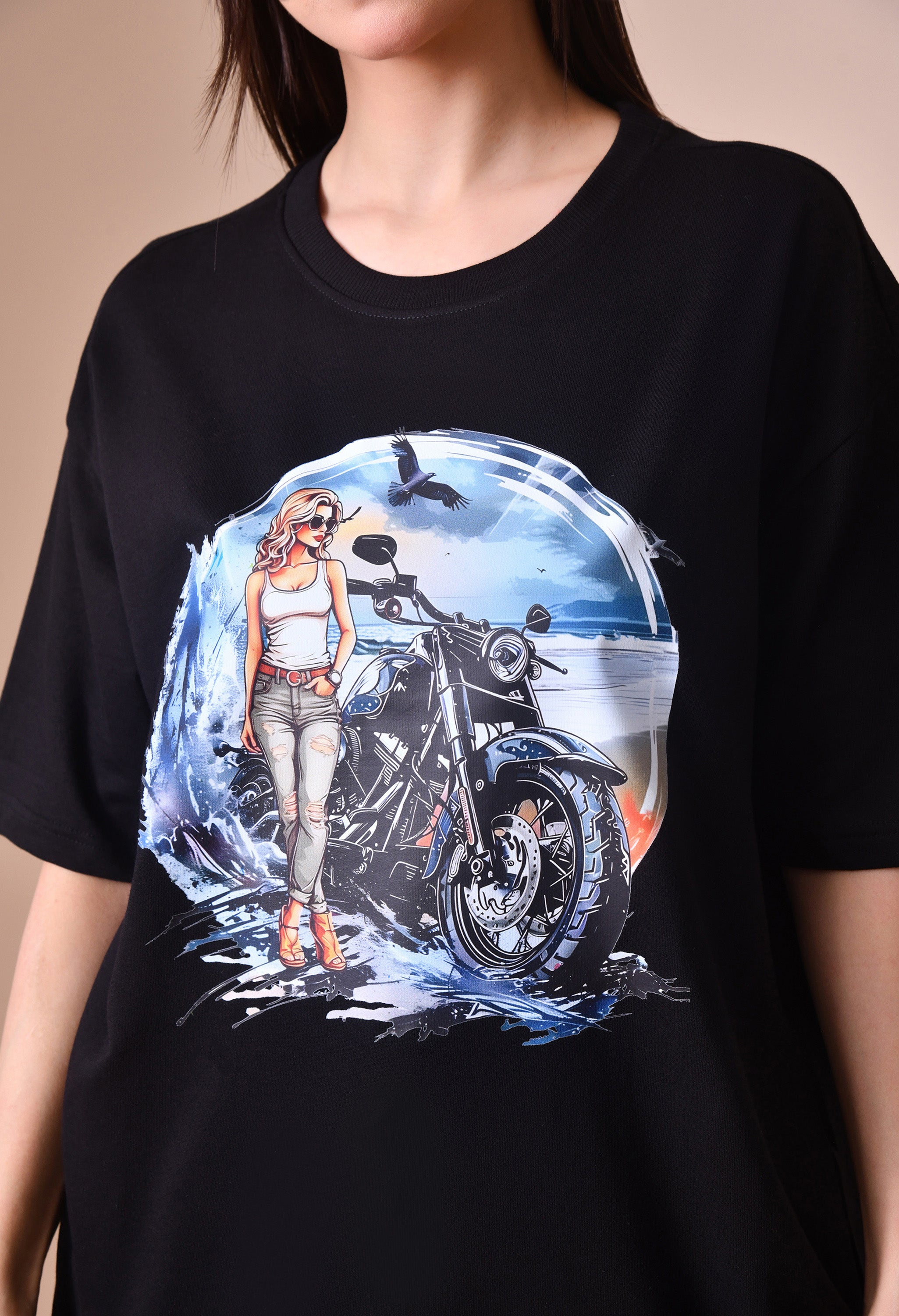 Biker Girl Premium Oversized T-Shirt for Women – Bold Street Style Comfort Fit Tee