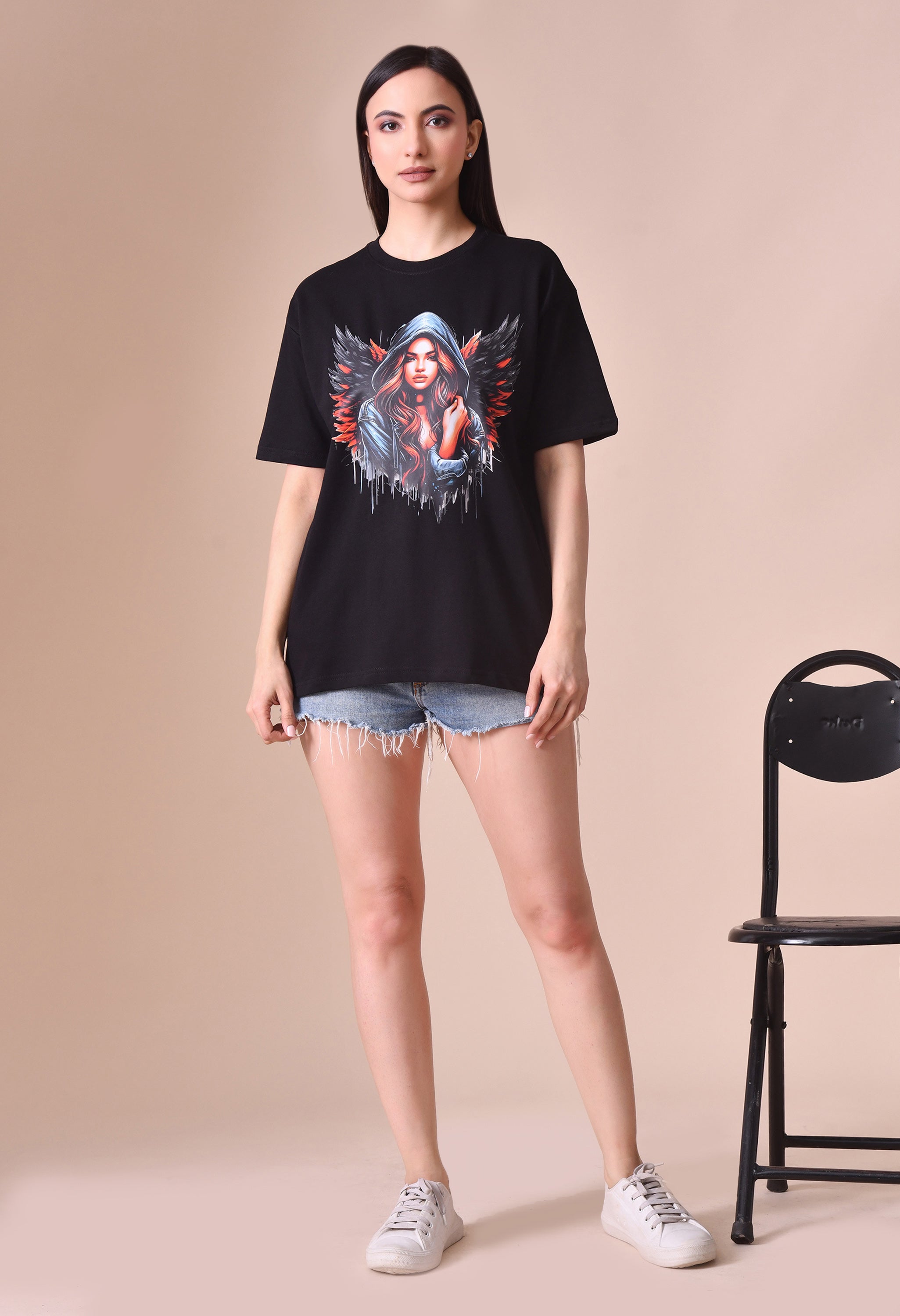 Devil With Wing Premium Oversized Tee for Girls – Trendy Streetwear Essential