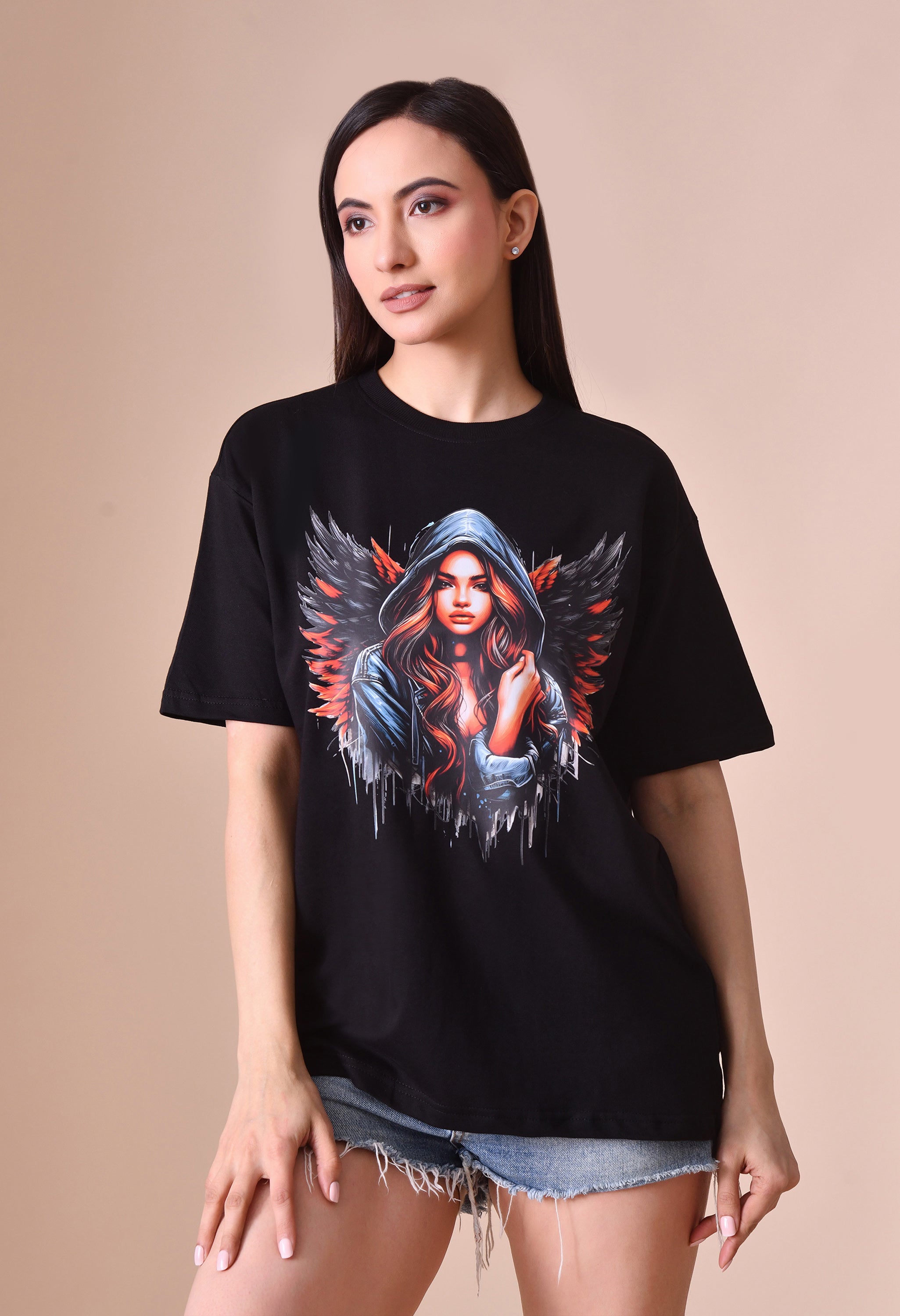 Devil With Wing Premium Oversized Tee for Girls – Trendy Streetwear Essential