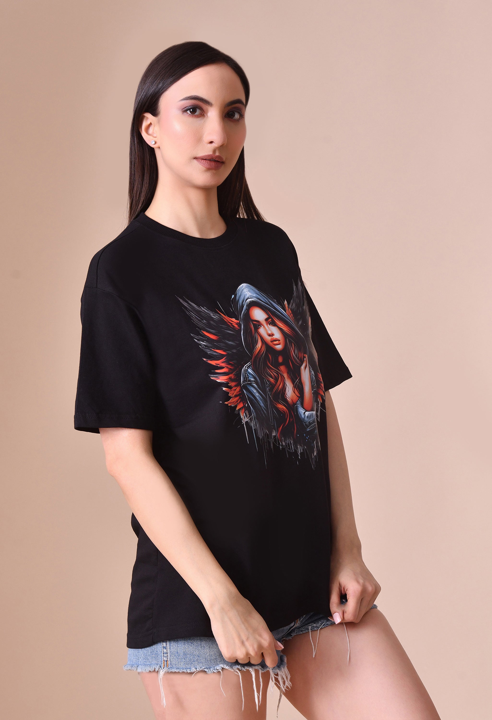 Devil With Wing Premium Oversized Tee for Girls – Trendy Streetwear Essential