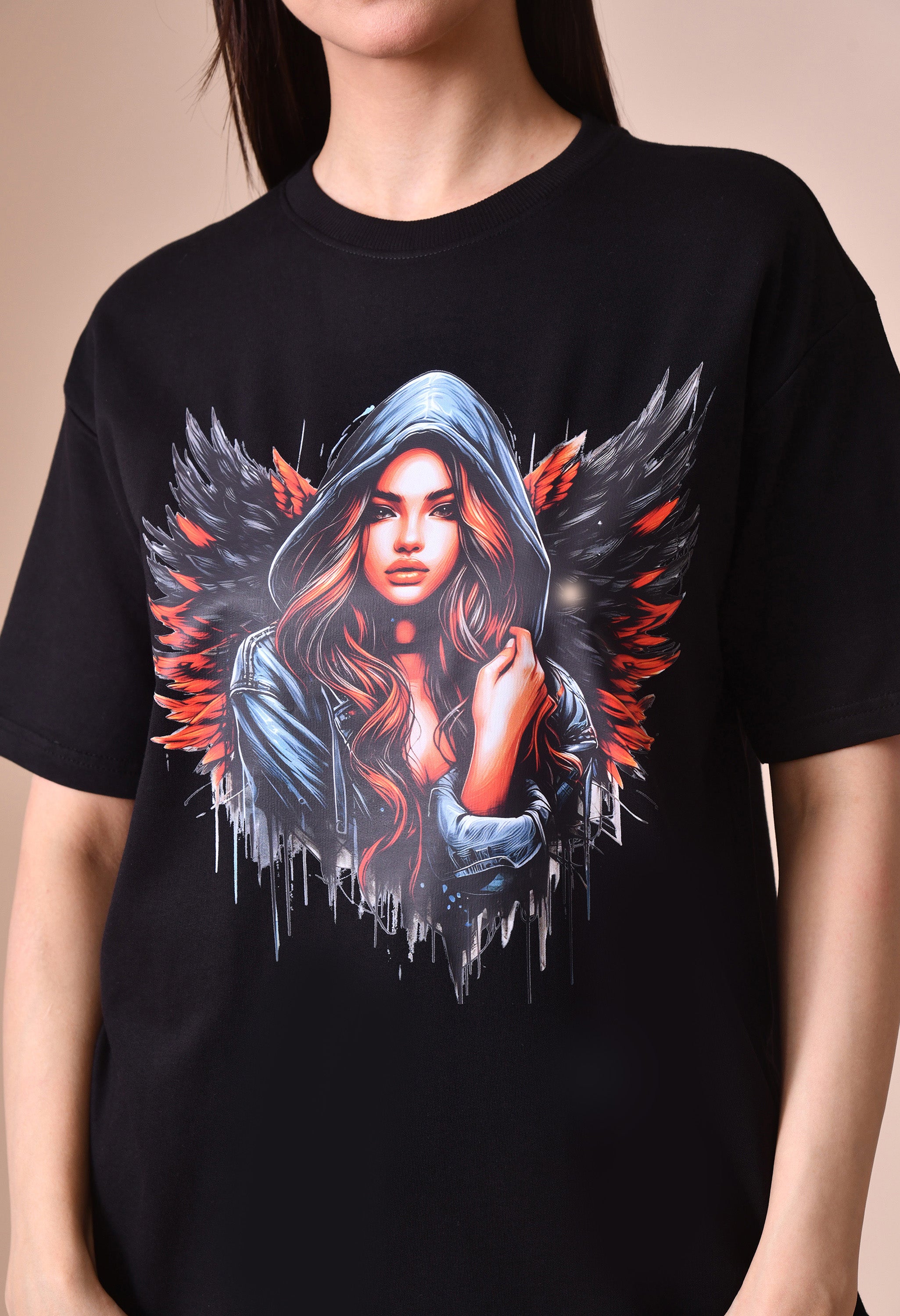 Devil With Wing Premium Oversized Tee for Girls – Trendy Streetwear Essential