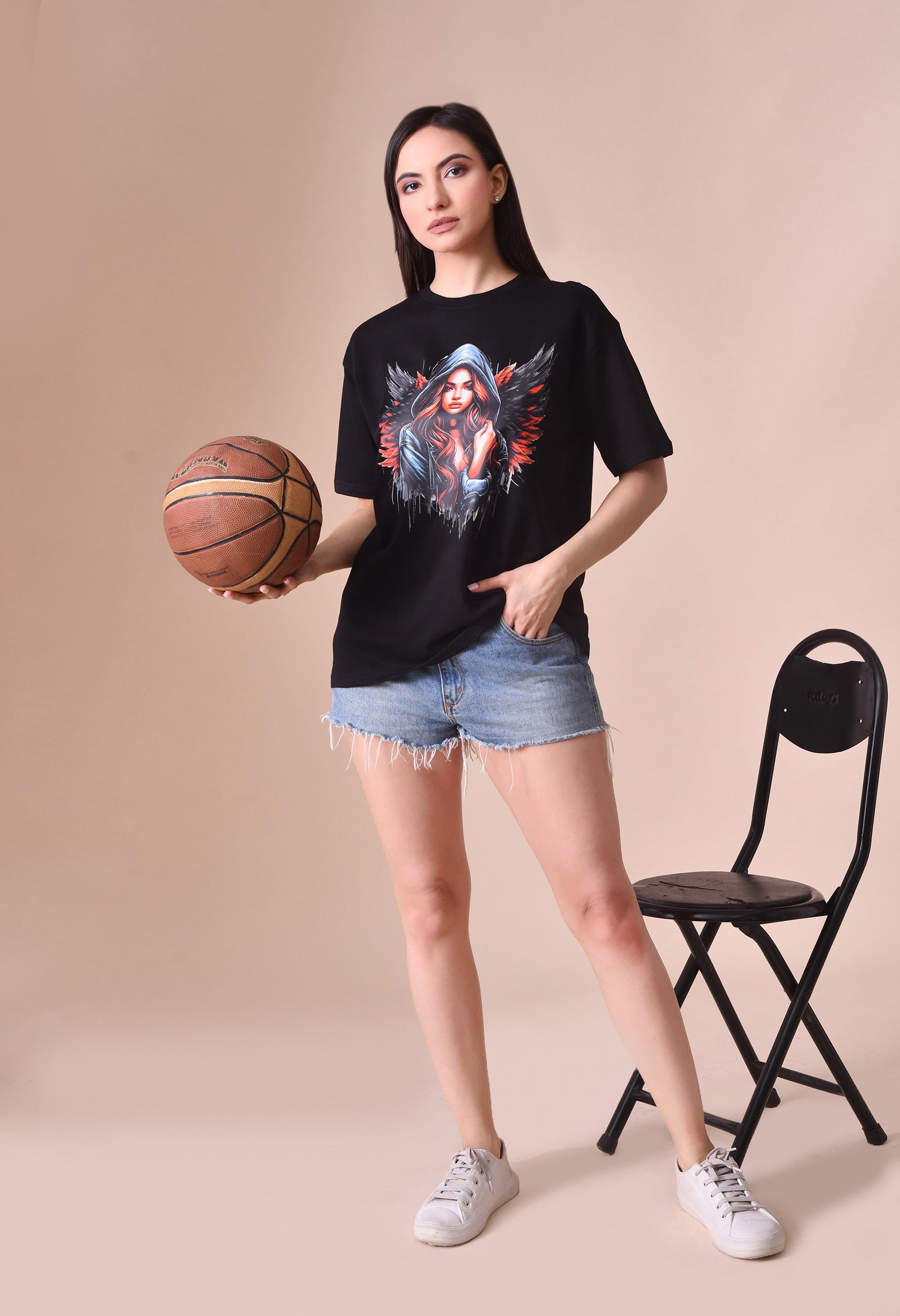Devil With Wing Premium Oversized Tee for Girls – Trendy Streetwear Essential