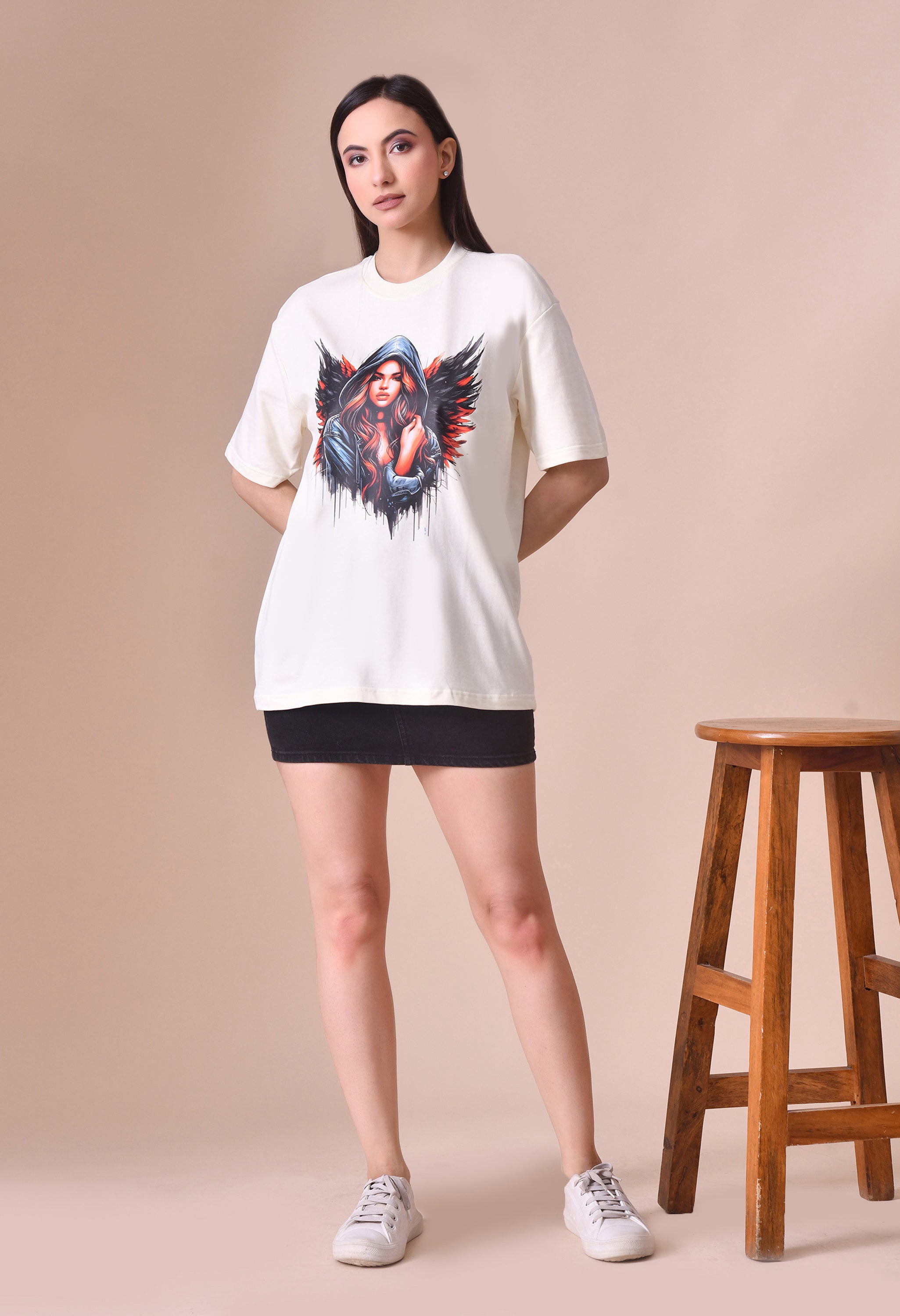 Devil With Wing Premium Oversized Tee for Girls – Trendy Streetwear Essential