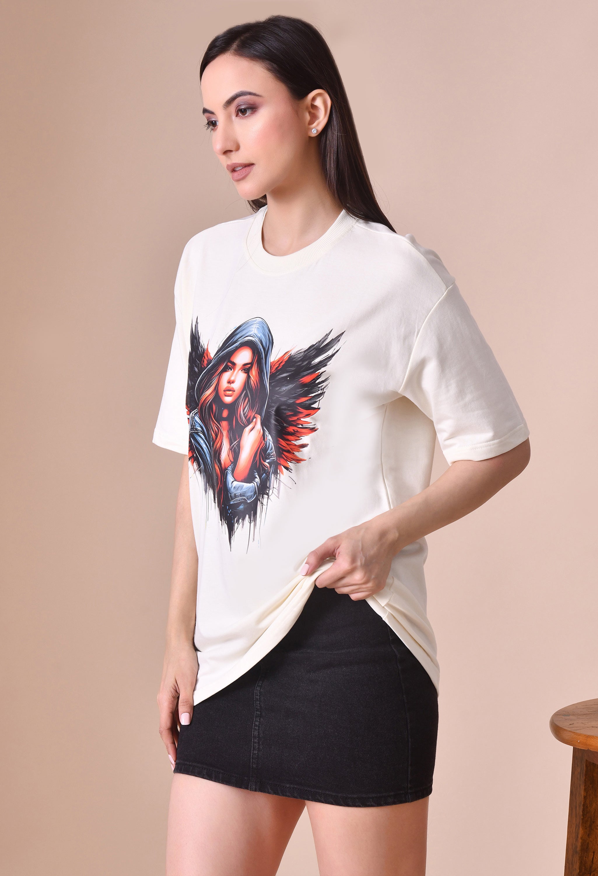 Devil With Wing Premium Oversized Tee for Girls – Trendy Streetwear Essential