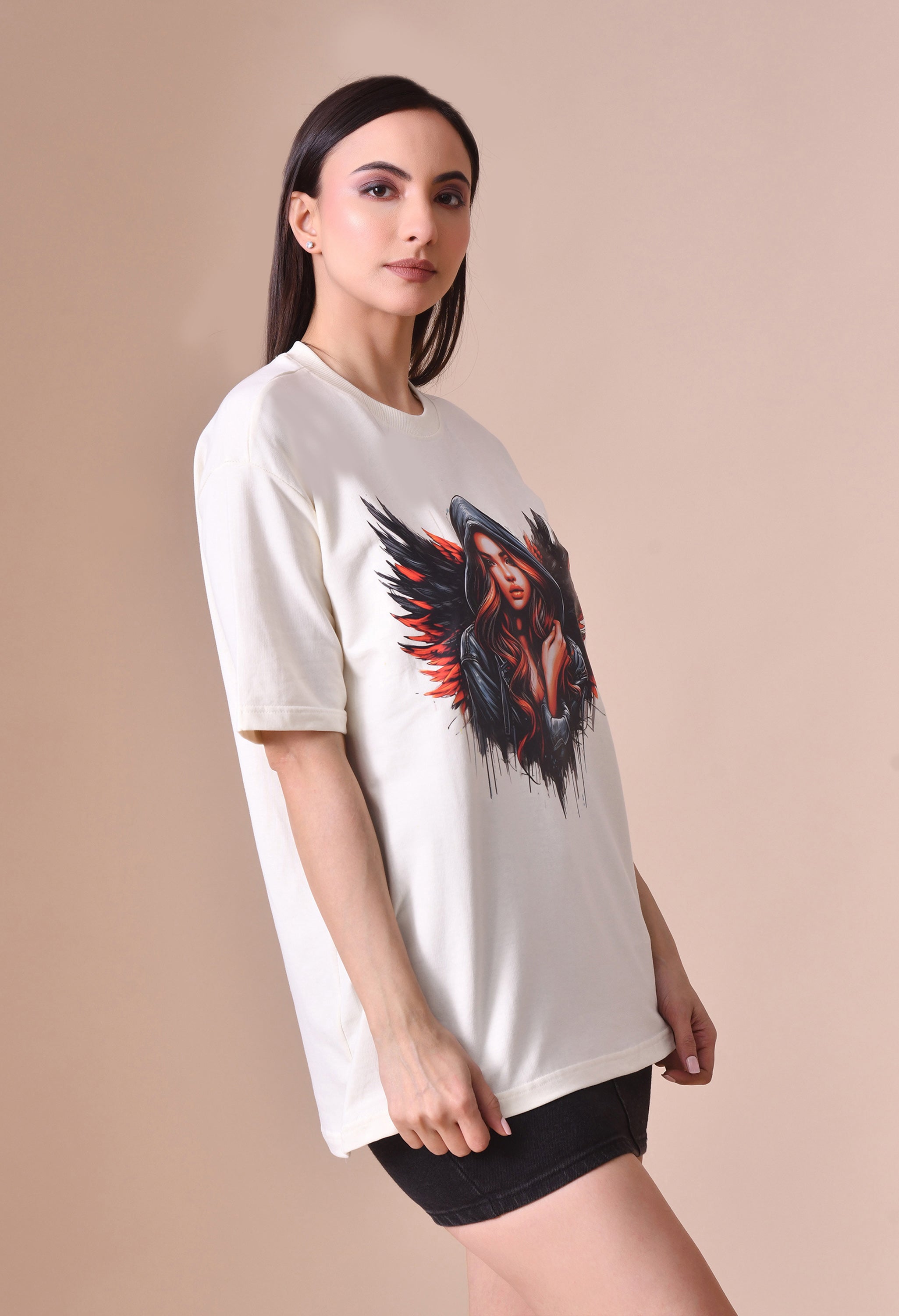 Devil With Wing Premium Oversized Tee for Girls – Trendy Streetwear Essential